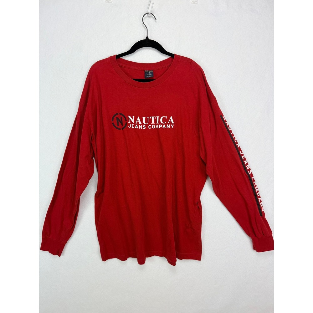 VTG Nautica Jeans Co Long Sleeve T-Shirt L Red Cotton 90s Streetwear